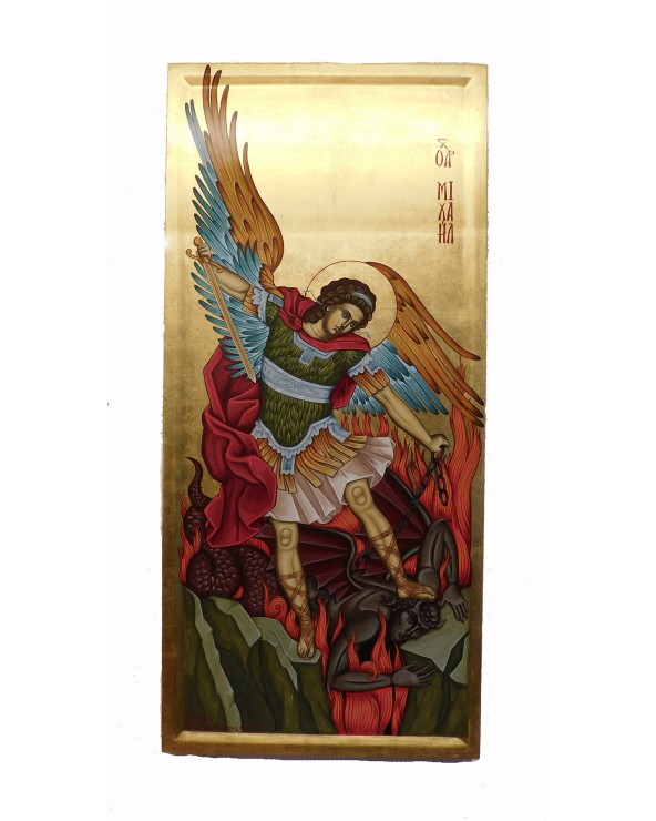 Icona dipinta a mano di san Michele Arcangelo che lotta con il demonio